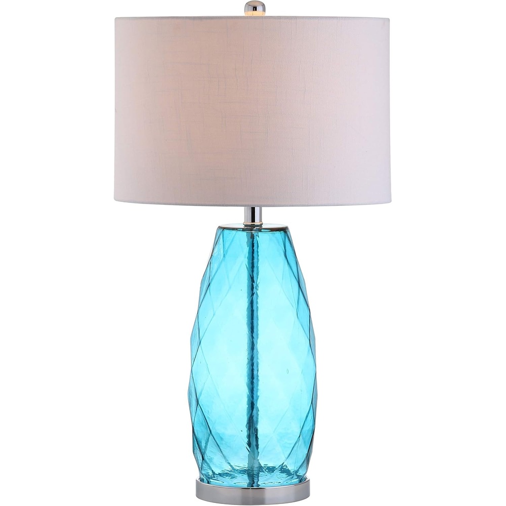 image:imageJONATHAN Y 265 Moroccan Blue Glass Table Lamp Modern Faceted Bedside Lamp White Linen Drum Shade Chrome Base LED Bulb Included for Bedroom Living Room Nightstand JYL4009BMoroccan Blue