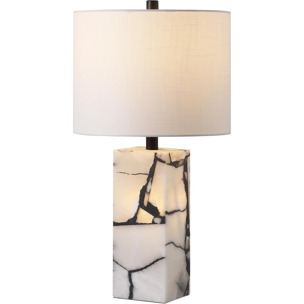 image:imageJONATHAN Y 275 Black Alabaster Gold Rectangular Table Lamp with Night Light Contemporary Coastal Bedside Lamp for Bedroom with White Linen Shade LED Bulbs Included JYL6201CBlack White