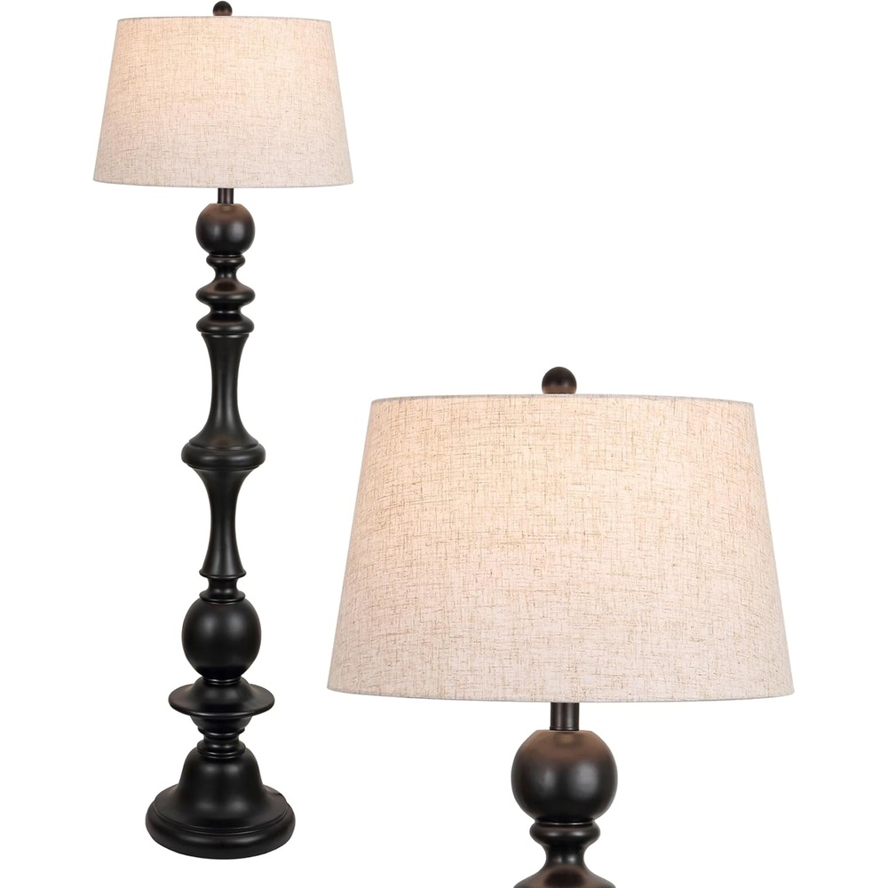 image:imageJONATHAN Y 67 Wash Gray Resin Candlestick Floor Lamp Farmhouse Rustic Traditional Standing Lamp for Living Room with Wash Gray Linen Empire Shade LED Bulb Included JYL3000CBlack