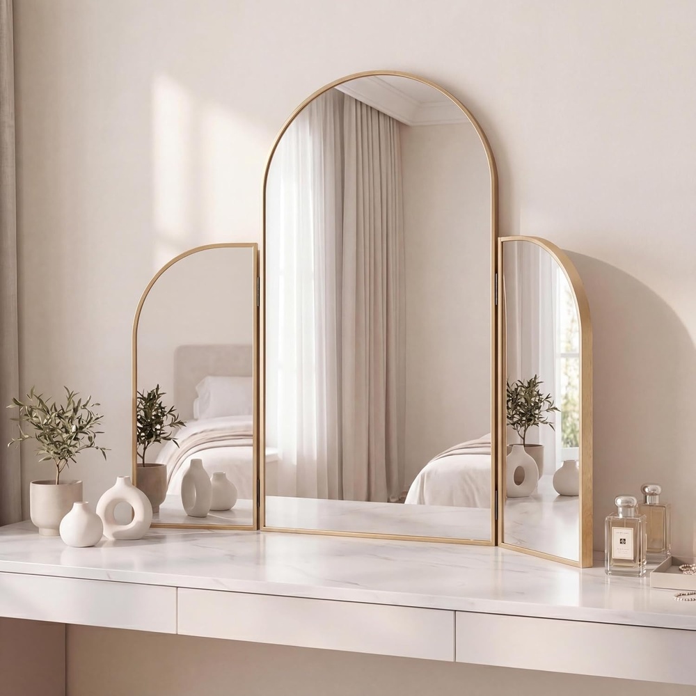 image:imageJONATHAN Y Arjen Aluminum Arch Trifold Vanity Mirror 28 x 28 Nickel with 3Way Adjustable Panels and HD Reflection for Tabletop and Wall Mount Modern Classic Home Decor MIR218CGold