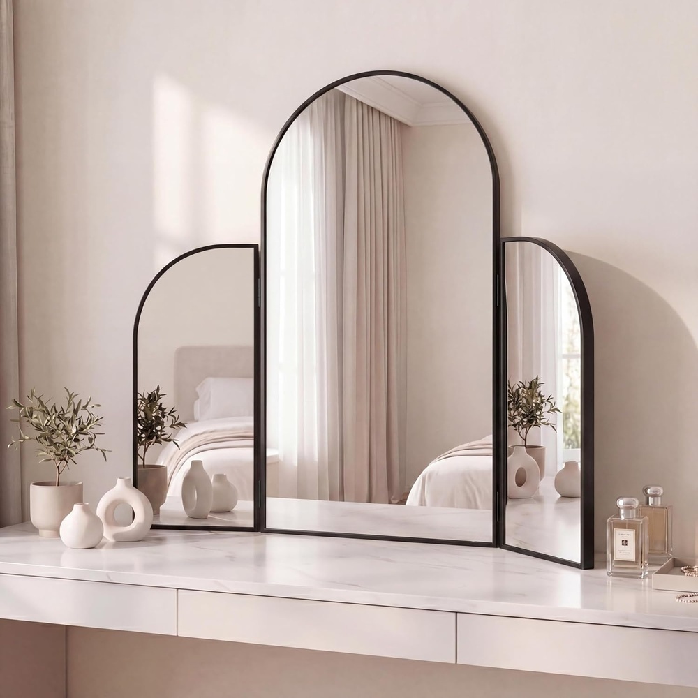 image:imageJONATHAN Y Arjen Aluminum Arch Trifold Vanity Mirror 28 x 28 Nickel with 3Way Adjustable Panels and HD Reflection for Tabletop and Wall Mount Modern Classic Home Decor MIR218CBlack