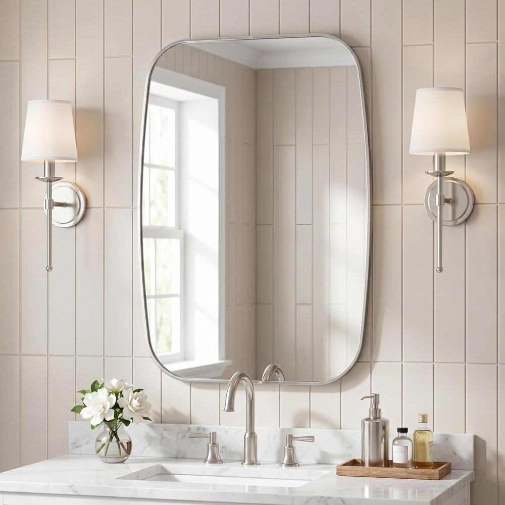image:imageJONATHAN Y Cassian Aluminum Metal Framed Wall Mounted Mirror 24 x 36 Glossy Gold Capsule Oblong Oval Modern Floating Mirror for Bathroom and Entryway with Horizontal or Vertical Hanging MIR227BNickel