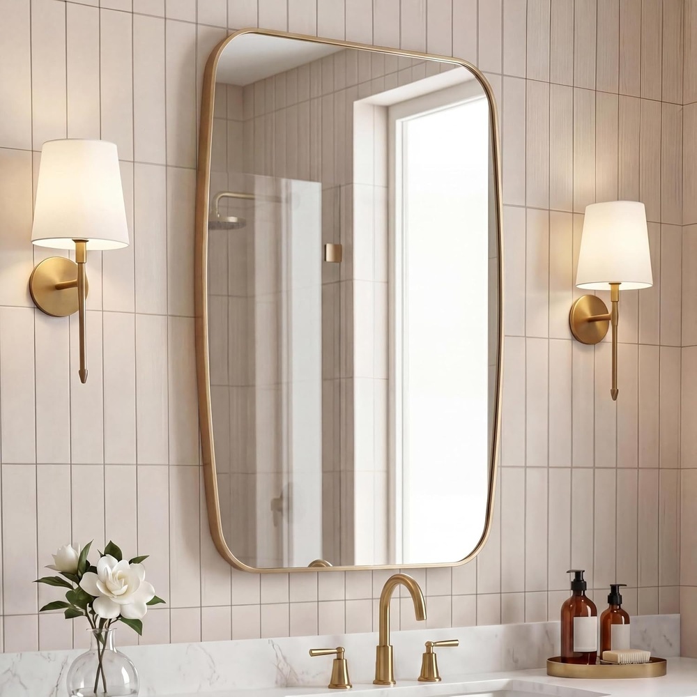 image:imageJONATHAN Y Cassian Aluminum Metal Framed Wall Mounted Mirror 24 x 36 Glossy Gold Capsule Oblong Oval Modern Floating Mirror for Bathroom and Entryway with Horizontal or Vertical Hanging MIR227BGold