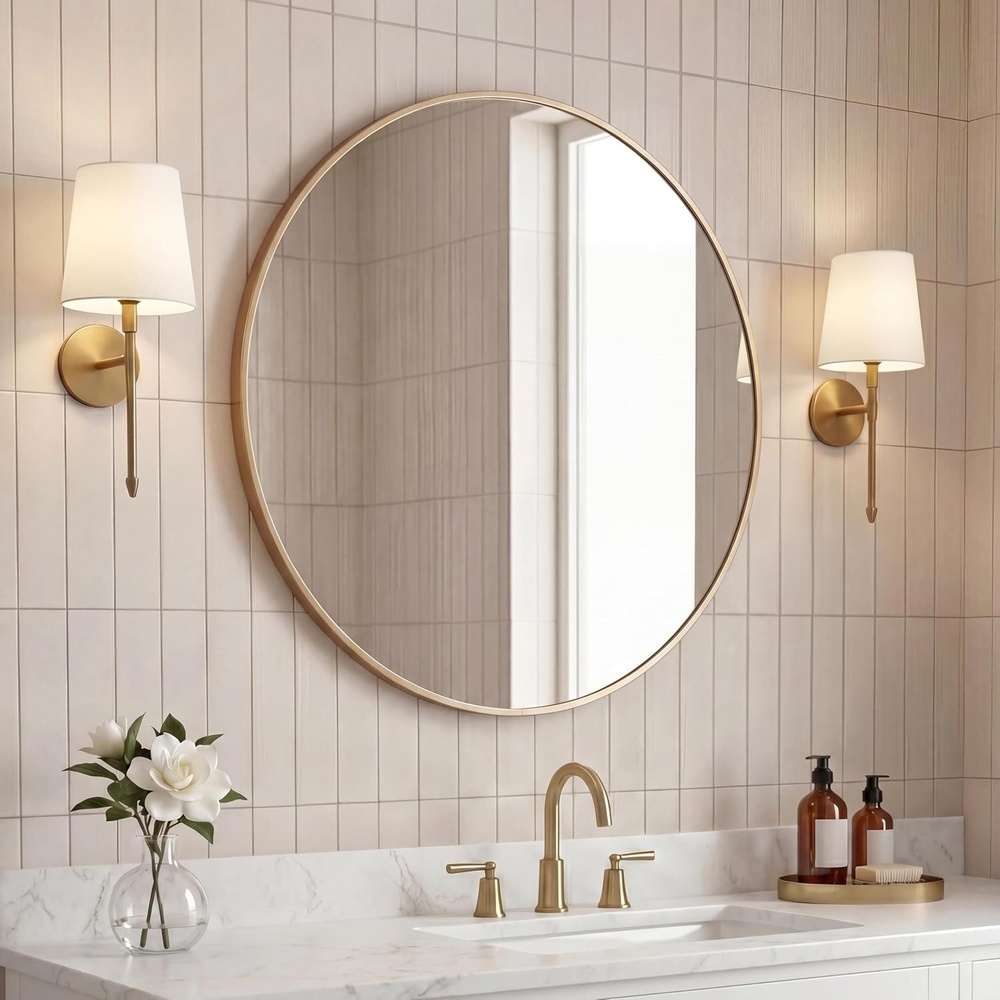 image:imageJONATHAN Y Eclipse Aluminum Metal Framed Round Wall Mirror 24 Gold Circle Wall Mounted Vanity Mirror for Bathroom Entryway and Living Room with Modern Minimalist Design and HD Glass MIR222BGold