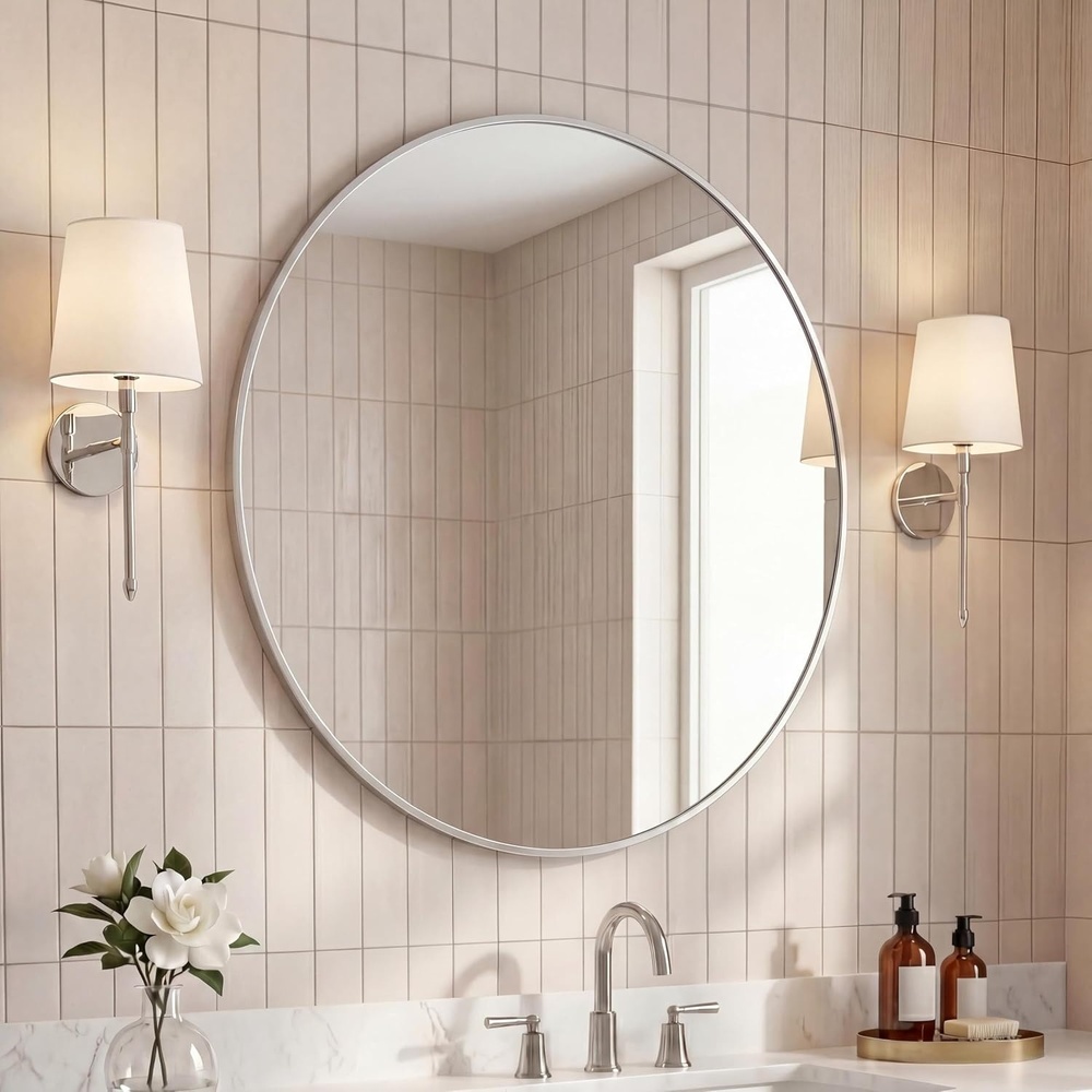 image:imageJONATHAN Y Eclipse Aluminum Metal Framed Round Wall Mirror 24 Gold Circle Wall Mounted Vanity Mirror for Bathroom Entryway and Living Room with Modern Minimalist Design and HD Glass MIR222BNickel