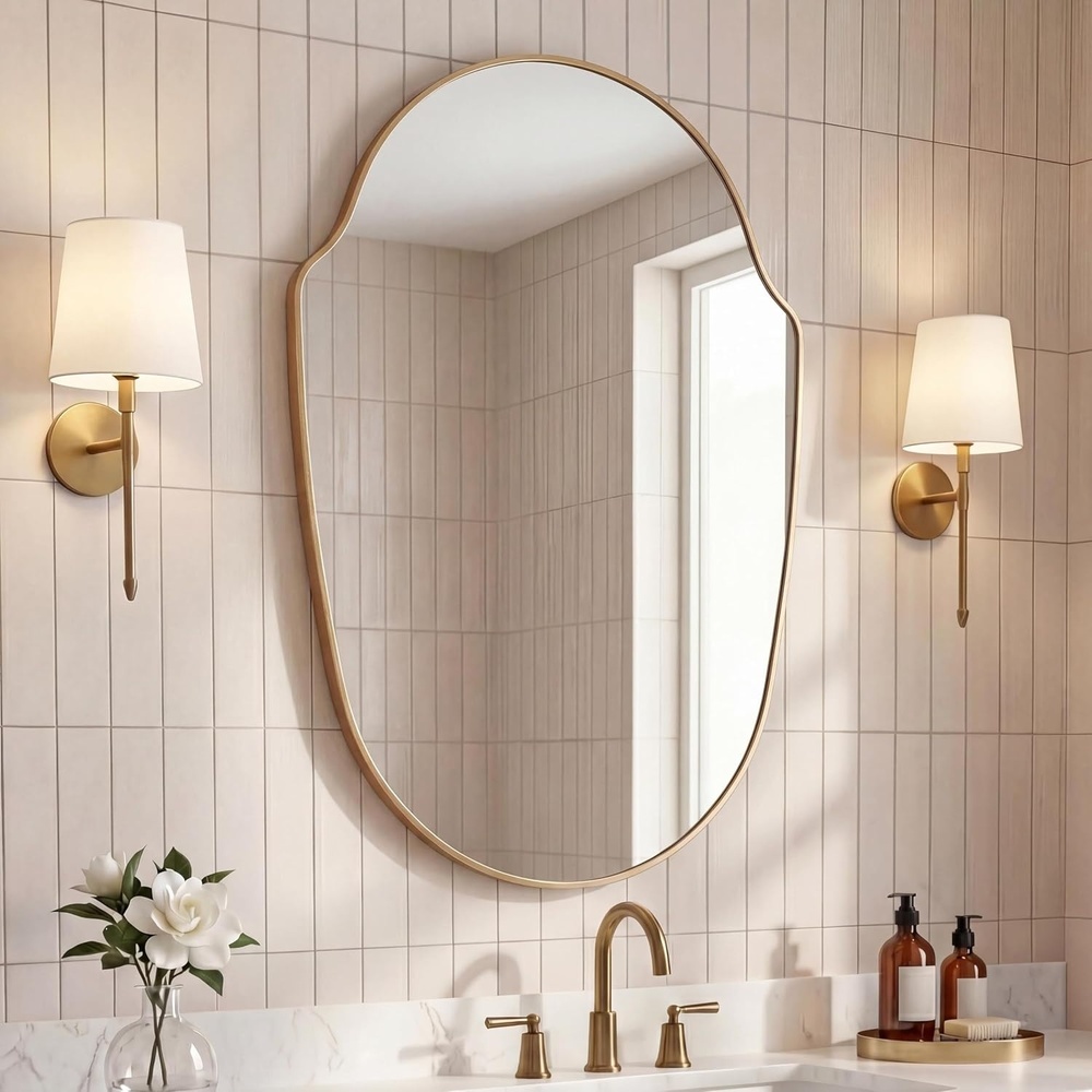 image:imageJONATHAN Y Guardian Aluminum Metal Framed Wall Mounted Mirror Glossy Gold Shield Shaped 24 x 36 Modern Minimalist Hanging Mirror with High Definition Glass for Living Room and Entryway MIR229BGold