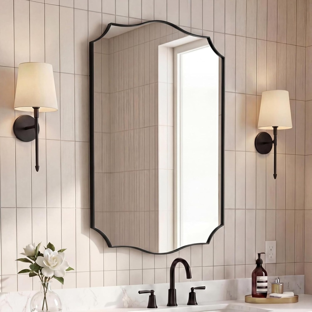 image:imageJONATHAN Y Hedge Aluminum Metal Wall Mounted Mirror 24 x 36 Glossy Nickel Crested Scallop Modern Frame with HD Reflection Horizontal or Vertical Hanging for Living Room MIR231CBlack