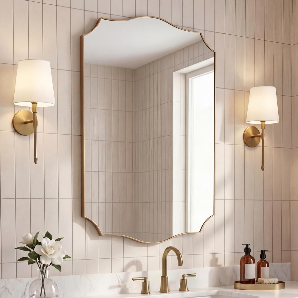 image:imageJONATHAN Y Hedge Aluminum Metal Wall Mounted Mirror 24 x 36 Glossy Nickel Crested Scallop Modern Frame with HD Reflection Horizontal or Vertical Hanging for Living Room MIR231CGold