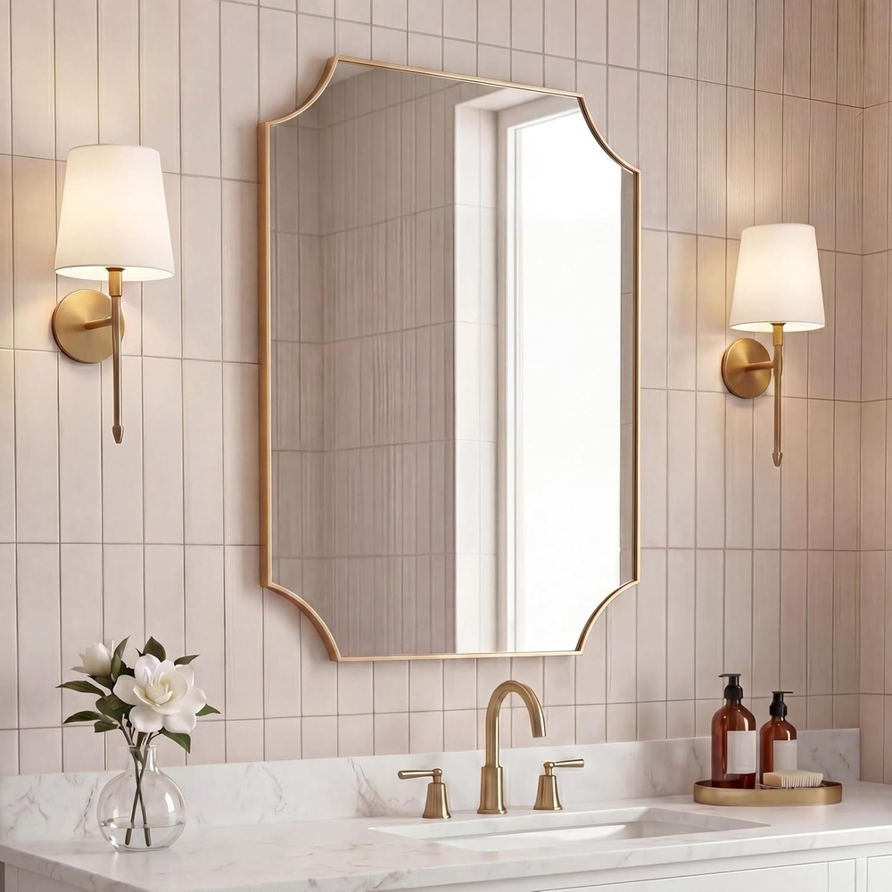 image:imageJONATHAN Y Helga Aluminum Metal Wall Mounted Mirror 24 x 36 Rectangular Scallop Beveled Corner with HD Glass for Living Room and Bedroom Modern Glossy Gold Finish Decorative Vanity Mirror MIR230BGold
