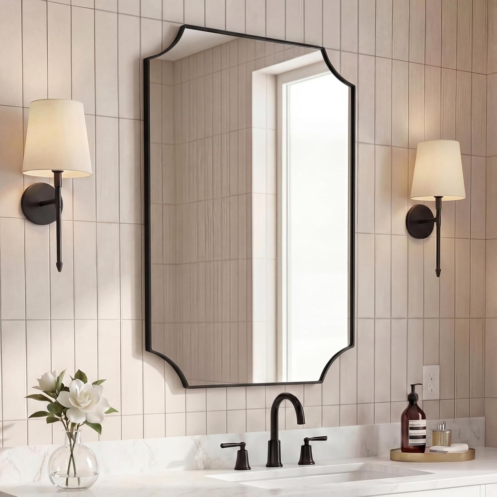 image:imageJONATHAN Y Helga Aluminum Metal Wall Mounted Mirror 24 x 36 Rectangular Scallop Beveled Corner with HD Glass for Living Room and Bedroom Modern Glossy Gold Finish Decorative Vanity Mirror MIR230BBlack