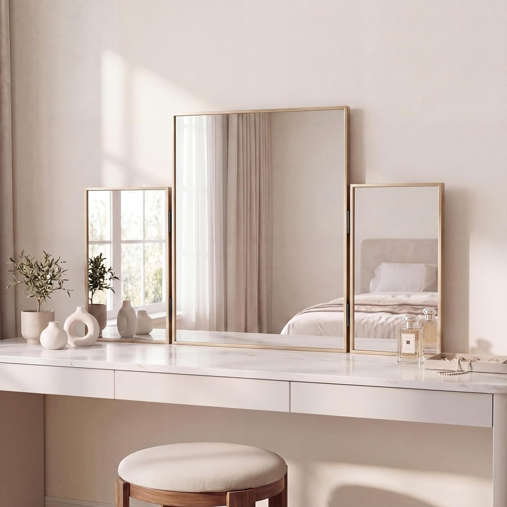 image:imageJONATHAN Y Orthos Aluminum 3Way Trifold Vanity Mirror 30 x 20 Gold Rectangular Metal Framed Adjustable Mirror for Tabletop and Wall Mount Modern Glam for Dressing Room and Bedroom MIR219BGold