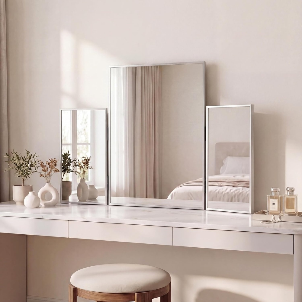 image:imageJONATHAN Y Orthos Aluminum 3Way Trifold Vanity Mirror 30 x 20 Gold Rectangular Metal Framed Adjustable Mirror for Tabletop and Wall Mount Modern Glam for Dressing Room and Bedroom MIR219BNickel