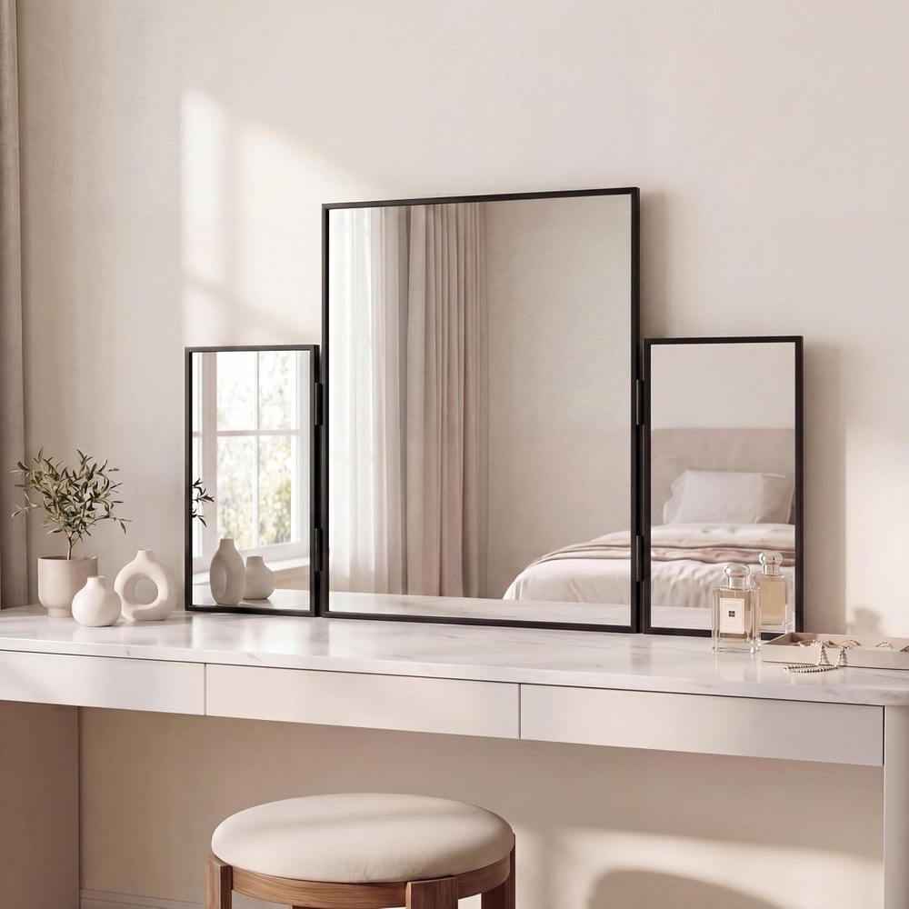 image:imageJONATHAN Y Orthos Aluminum 3Way Trifold Vanity Mirror 30 x 20 Gold Rectangular Metal Framed Adjustable Mirror for Tabletop and Wall Mount Modern Glam for Dressing Room and Bedroom MIR219BBlack