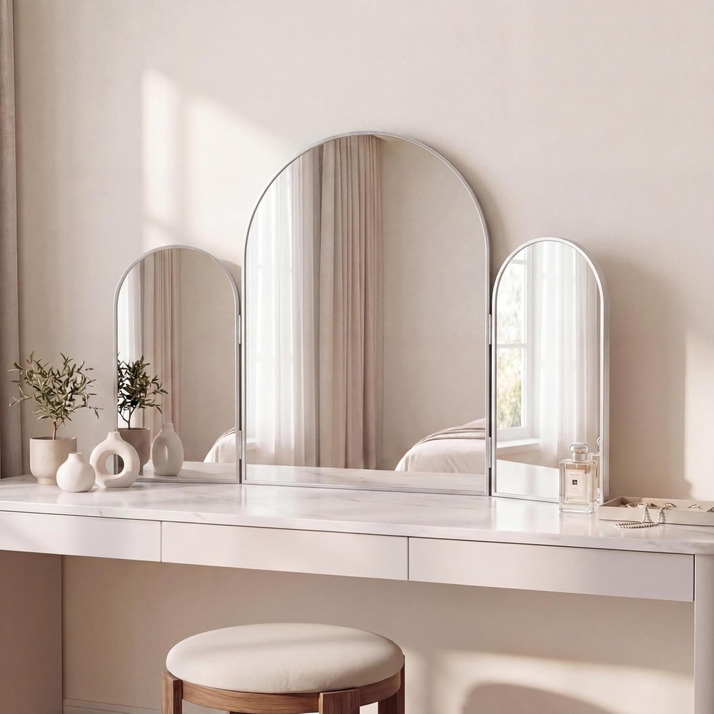image:imageJONATHAN Y Verity Aluminum Arched Trifold Vanity Mirror Glossy Black 30 x 20 Modern Tabletop and Wall Mount with Adjustable Side Panels and HD Glass for Bedroom and Dressing Room MIR220ANickel