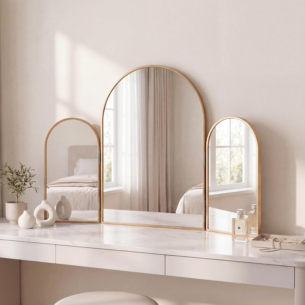 image:imageJONATHAN Y Verity Aluminum Arched Trifold Vanity Mirror Glossy Black 30 x 20 Modern Tabletop and Wall Mount with Adjustable Side Panels and HD Glass for Bedroom and Dressing Room MIR220AGold