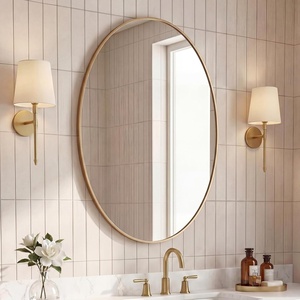 JONATHAN Y Ellipse Oval Metal Framed Wall Mirror 24″ x 36″ Nickel Glossy Aluminum Frame with High Definition Glass and Modern Floating Design for Bedroom Living Room and Entryway MIR224C(Gold)