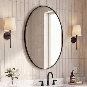 JONATHAN Y Ellipse Oval Metal Framed Wall Mirror 24″ x 36″ Nickel Glossy Aluminum Frame with High Definition Glass and Modern Floating Design for Bedroom Living Room and Entryway MIR224C(Black)