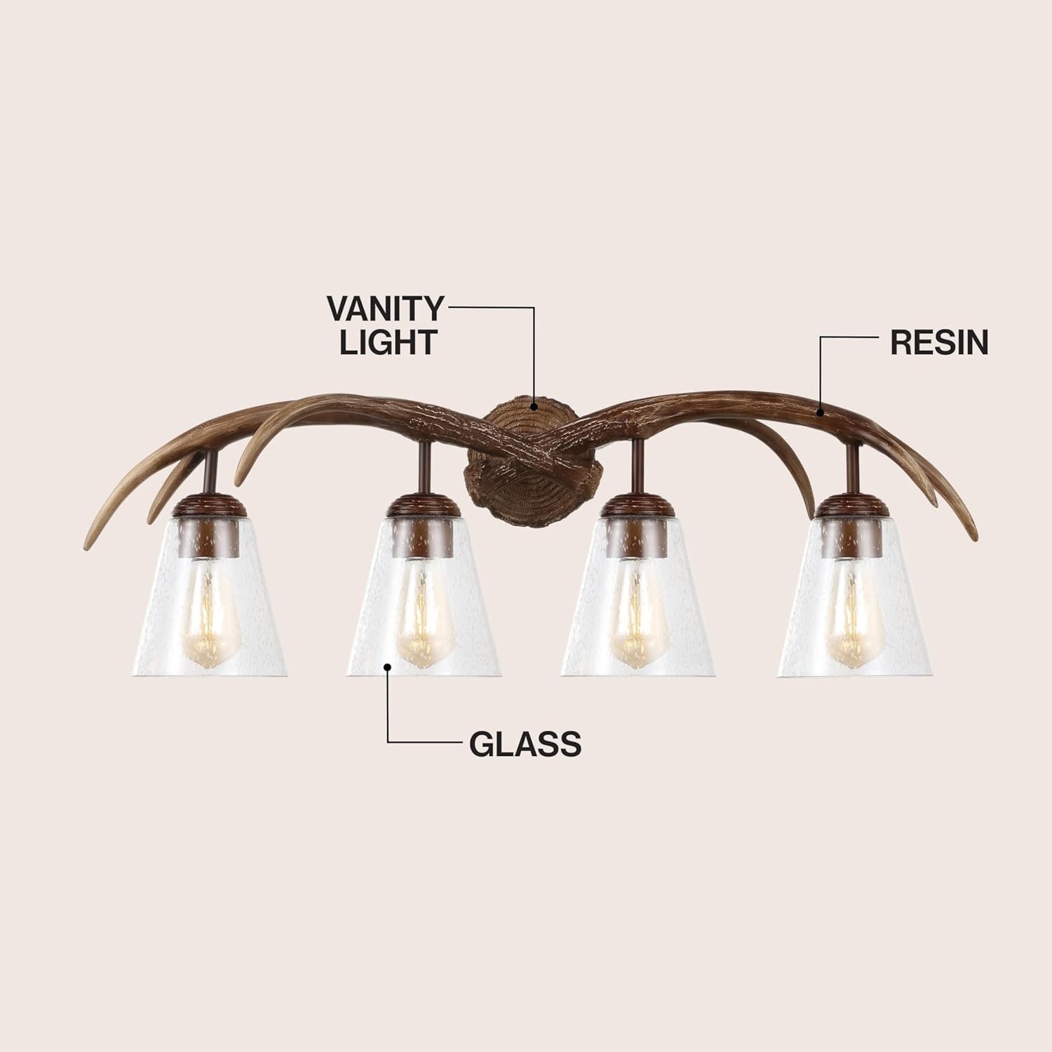 image:imageJONATHAN Y 325 Brown Wood Finish 4Light Resin Antlers Vanity Light Wall Sconce Rustic Farmhouse for Living Room Bathroom with Clear Seeded Glass Shades LED Bulbs Included JYL6315ABrown Wood Finish