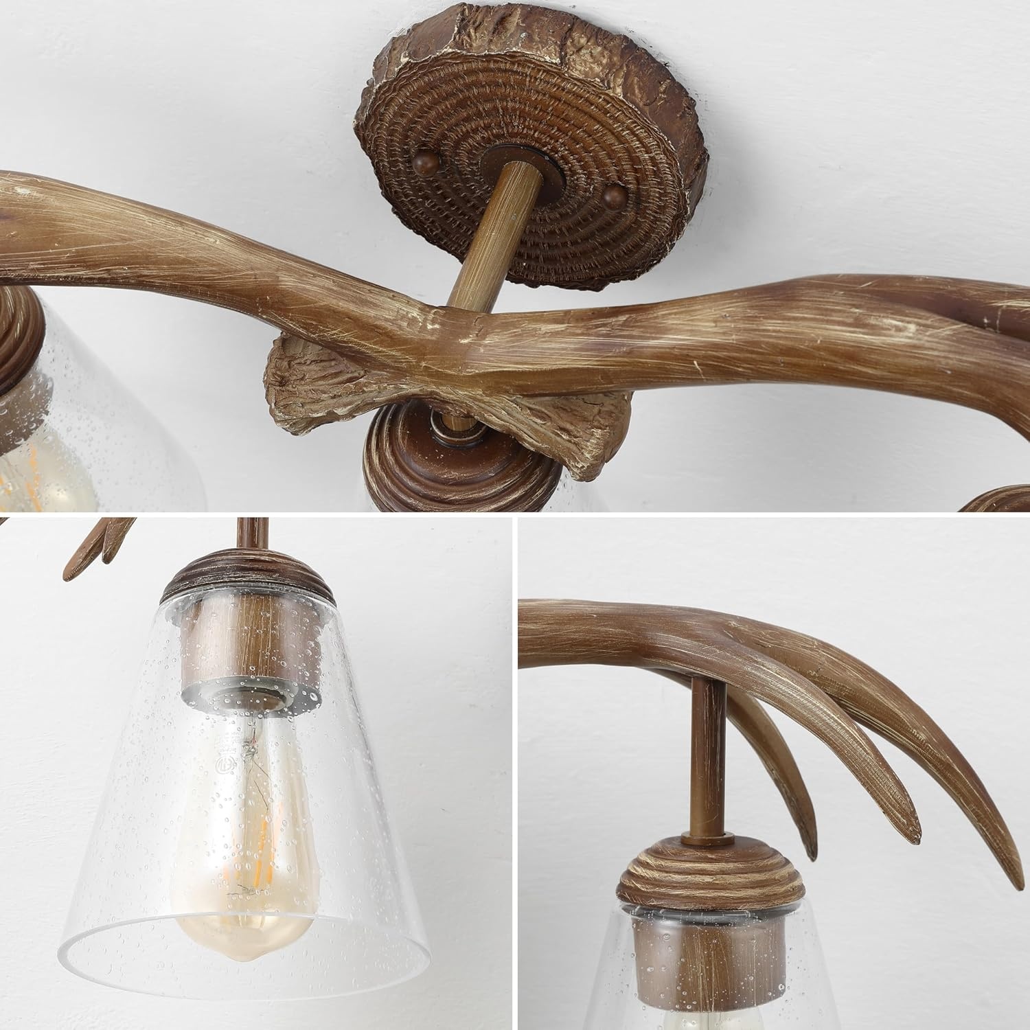 image:imageJONATHAN Y 325 Brown Wood Finish 4Light Resin Antlers Vanity Light Wall Sconce Rustic Farmhouse for Living Room Bathroom with Clear Seeded Glass Shades LED Bulbs Included JYL6315ABrown Wood Finish