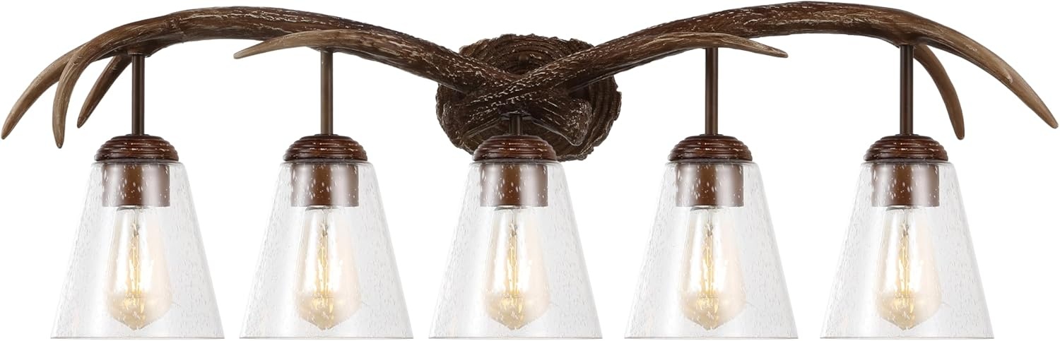 image:imageJONATHAN Y 325 Brown Wood Finish 4Light Resin Antlers Vanity Light Wall Sconce Rustic Farmhouse for Living Room Bathroom with Clear Seeded Glass Shades LED Bulbs Included JYL6315ABrown Wood Finish