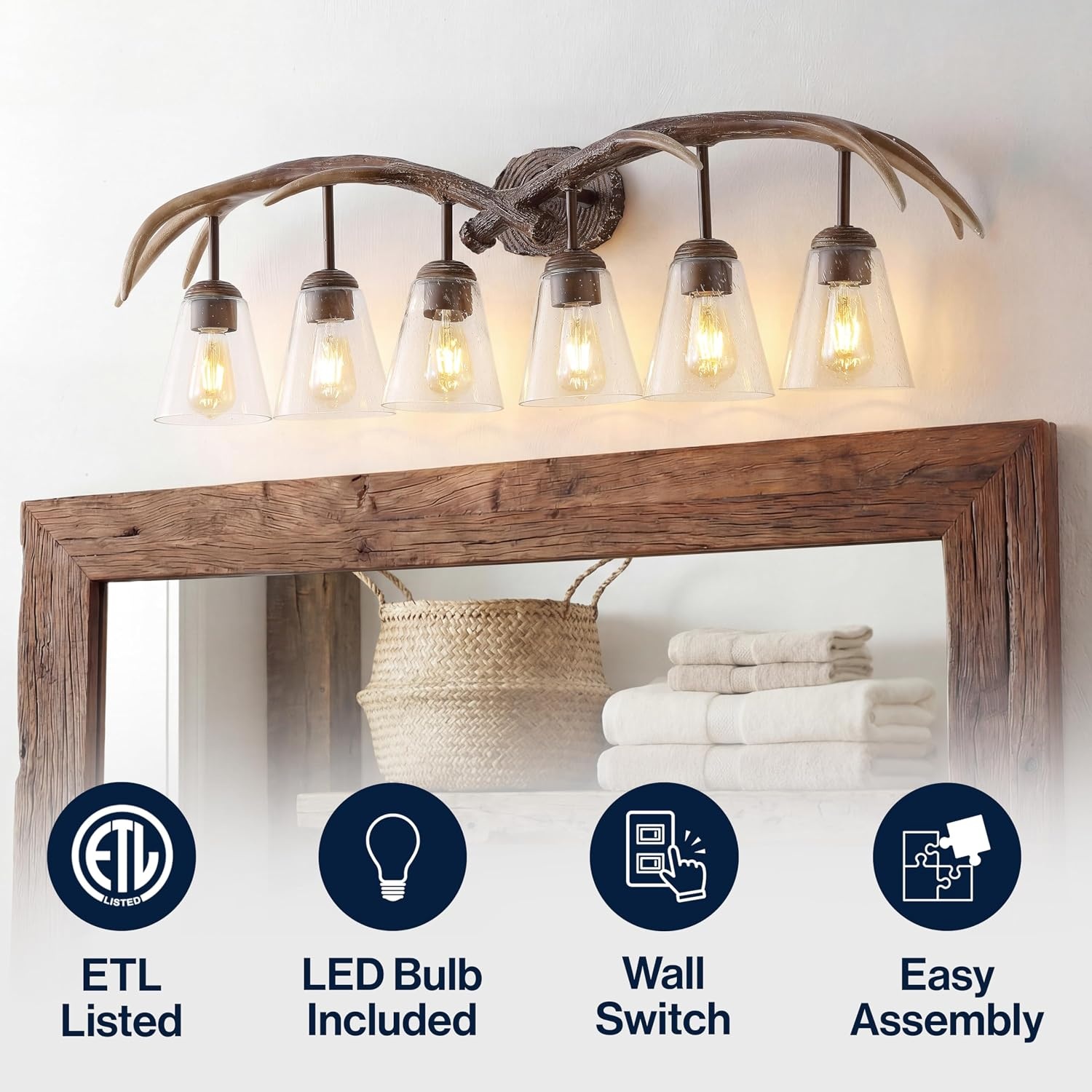 image:imageJONATHAN Y 325 Brown Wood Finish 4Light Resin Antlers Vanity Light Wall Sconce Rustic Farmhouse for Living Room Bathroom with Clear Seeded Glass Shades LED Bulbs Included JYL6315ABrown Wood Finish