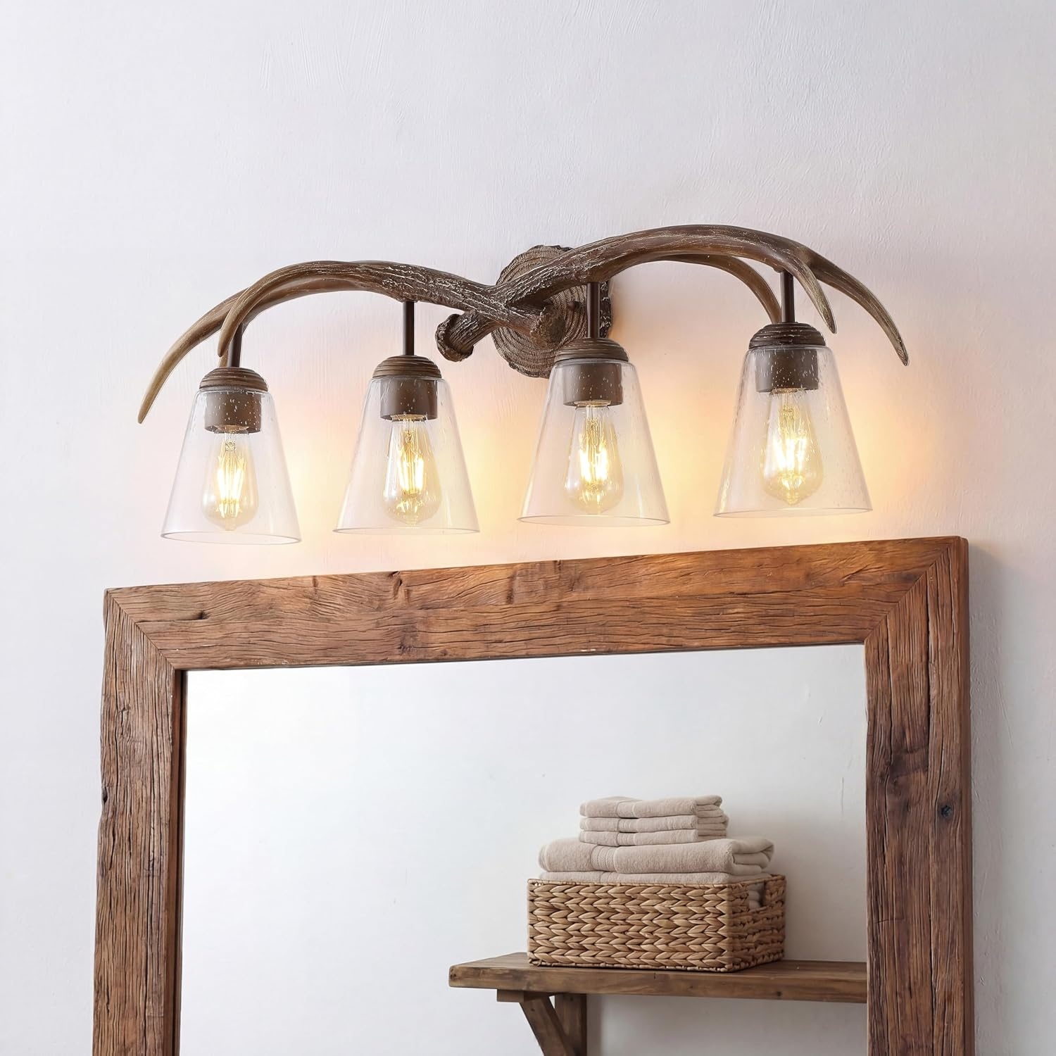 image:imageJONATHAN Y 325 Brown Wood Finish 4Light Resin Antlers Vanity Light Wall Sconce Rustic Farmhouse for Living Room Bathroom with Clear Seeded Glass Shades LED Bulbs Included JYL6315ABrown Wood Finish