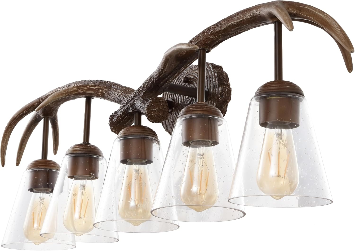 image:imageJONATHAN Y 325 Brown Wood Finish 4Light Resin Antlers Vanity Light Wall Sconce Rustic Farmhouse for Living Room Bathroom with Clear Seeded Glass Shades LED Bulbs Included JYL6315ABrown Wood Finish