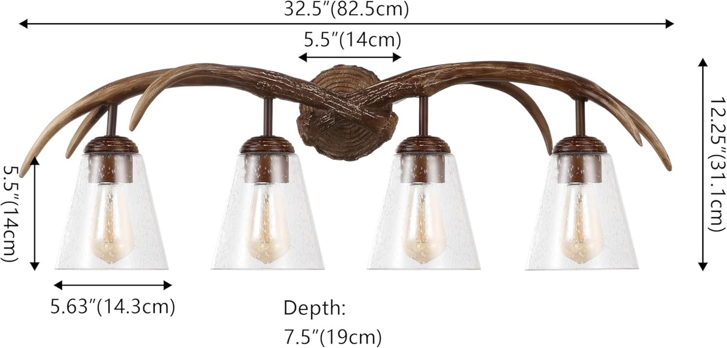 image:imageJONATHAN Y 325 Brown Wood Finish 4Light Resin Antlers Vanity Light Wall Sconce Rustic Farmhouse for Living Room Bathroom with Clear Seeded Glass Shades LED Bulbs Included JYL6315ABrown Wood Finish