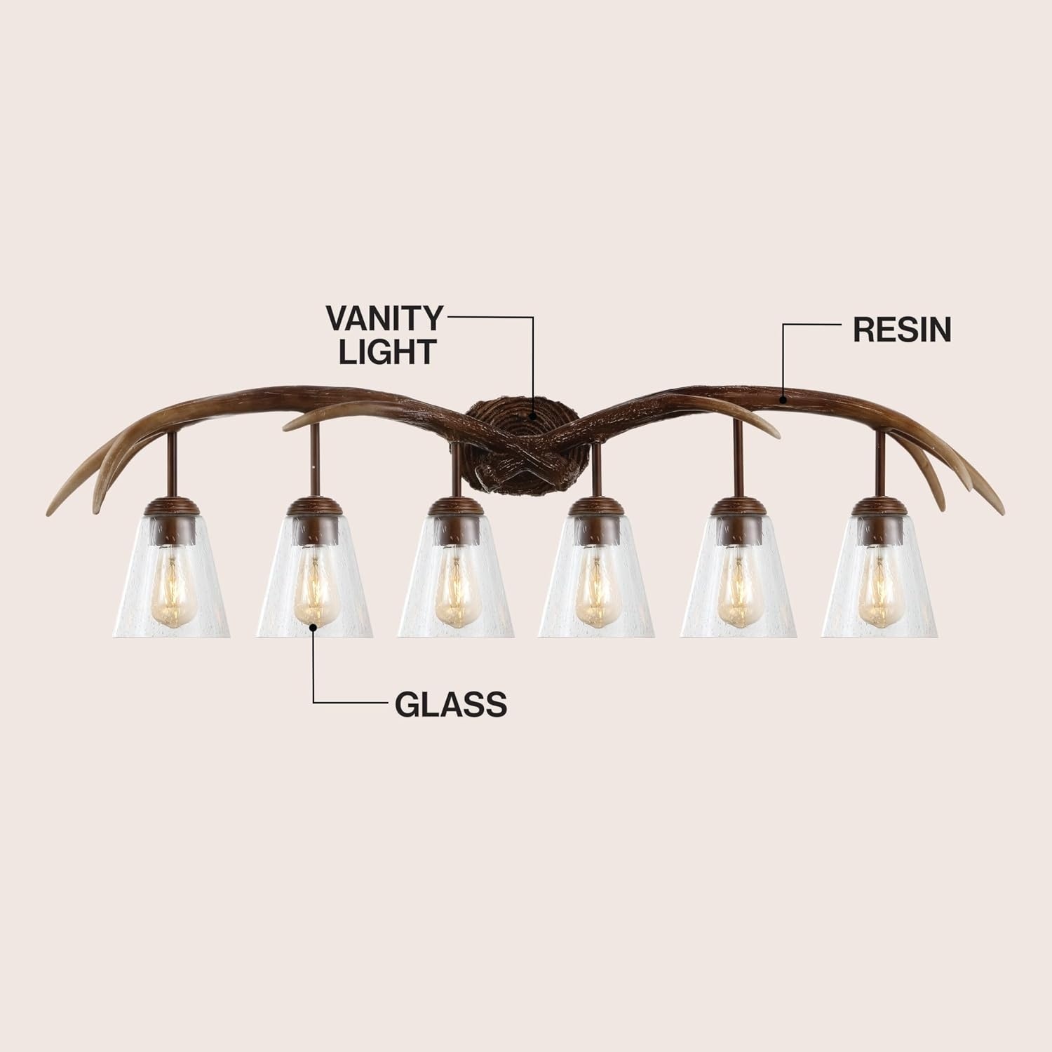 image:imageJONATHAN Y 325 Brown Wood Finish 4Light Resin Antlers Vanity Light Wall Sconce Rustic Farmhouse for Living Room Bathroom with Clear Seeded Glass Shades LED Bulbs Included JYL6315ABrown Wood Finish