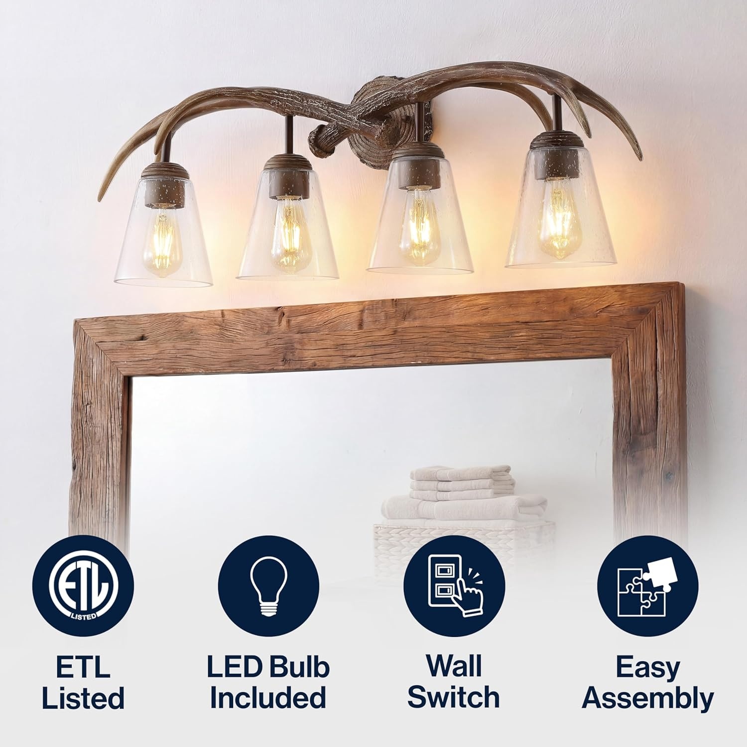 image:imageJONATHAN Y 325 Brown Wood Finish 4Light Resin Antlers Vanity Light Wall Sconce Rustic Farmhouse for Living Room Bathroom with Clear Seeded Glass Shades LED Bulbs Included JYL6315ABrown Wood Finish