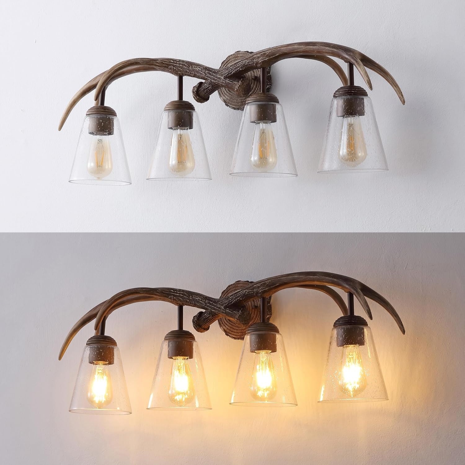 image:imageJONATHAN Y 325 Brown Wood Finish 4Light Resin Antlers Vanity Light Wall Sconce Rustic Farmhouse for Living Room Bathroom with Clear Seeded Glass Shades LED Bulbs Included JYL6315ABrown Wood Finish