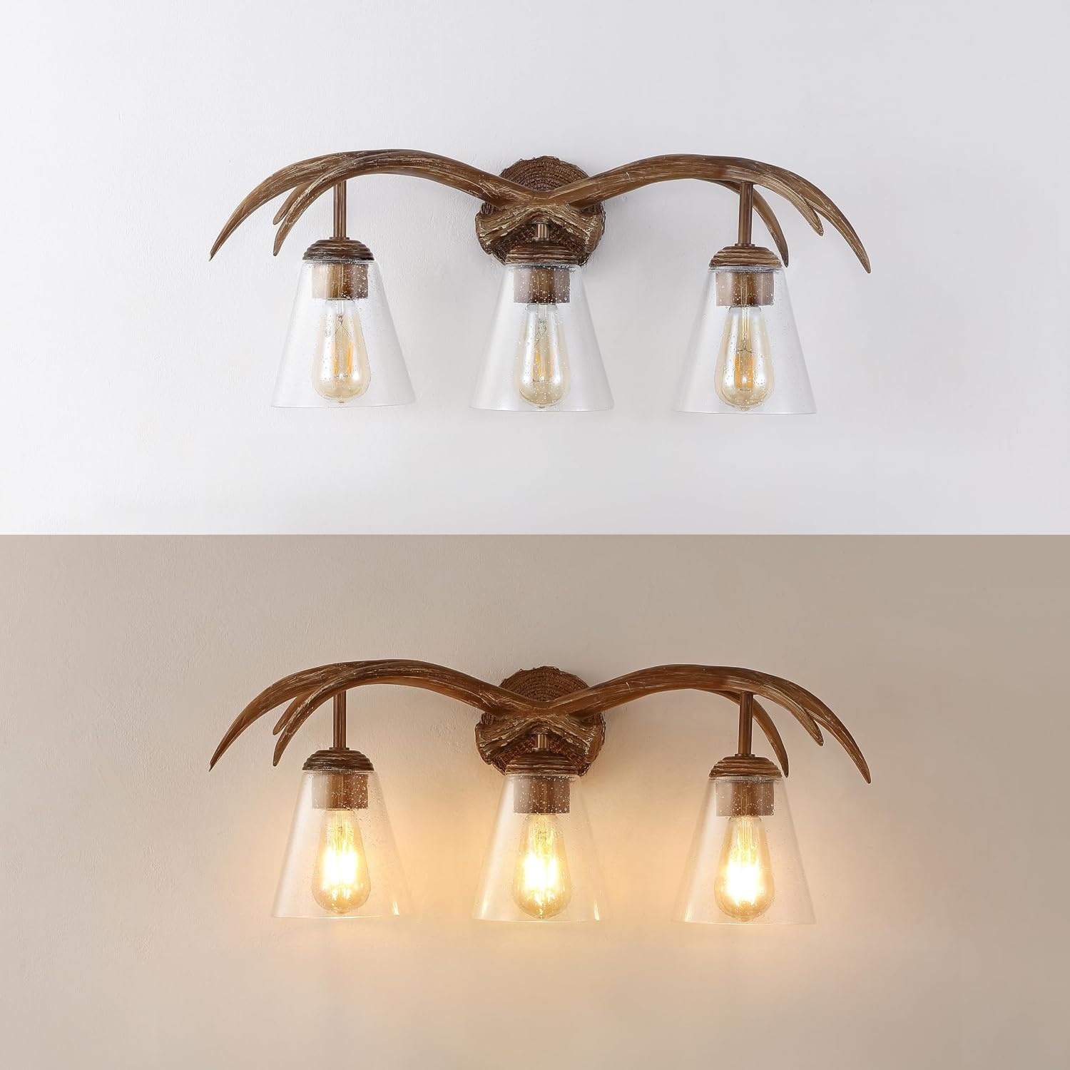 image:imageJONATHAN Y 325 Brown Wood Finish 4Light Resin Antlers Vanity Light Wall Sconce Rustic Farmhouse for Living Room Bathroom with Clear Seeded Glass Shades LED Bulbs Included JYL6315ABrown Wood Finish