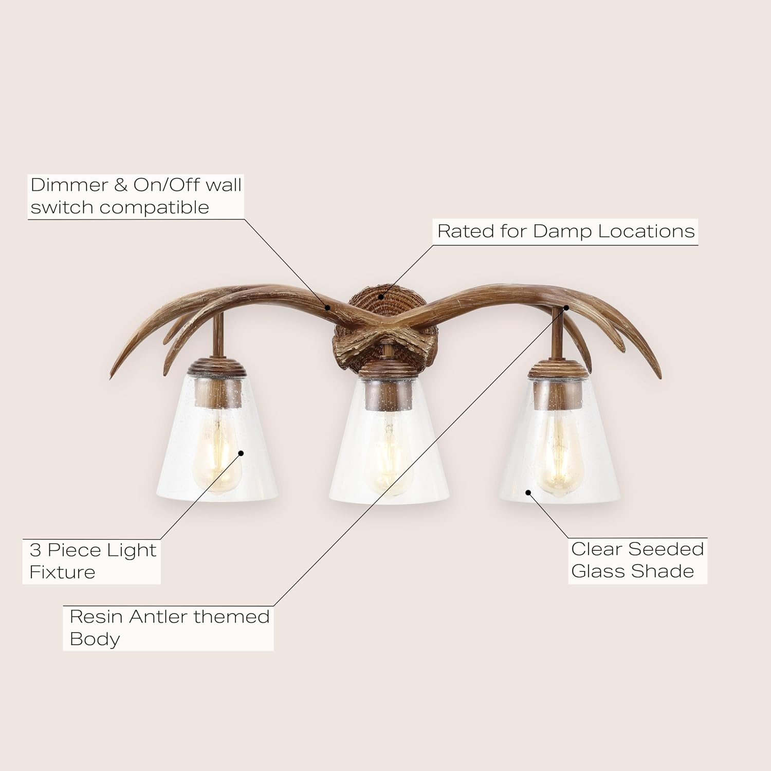 image:imageJONATHAN Y 325 Brown Wood Finish 4Light Resin Antlers Vanity Light Wall Sconce Rustic Farmhouse for Living Room Bathroom with Clear Seeded Glass Shades LED Bulbs Included JYL6315ABrown Wood Finish