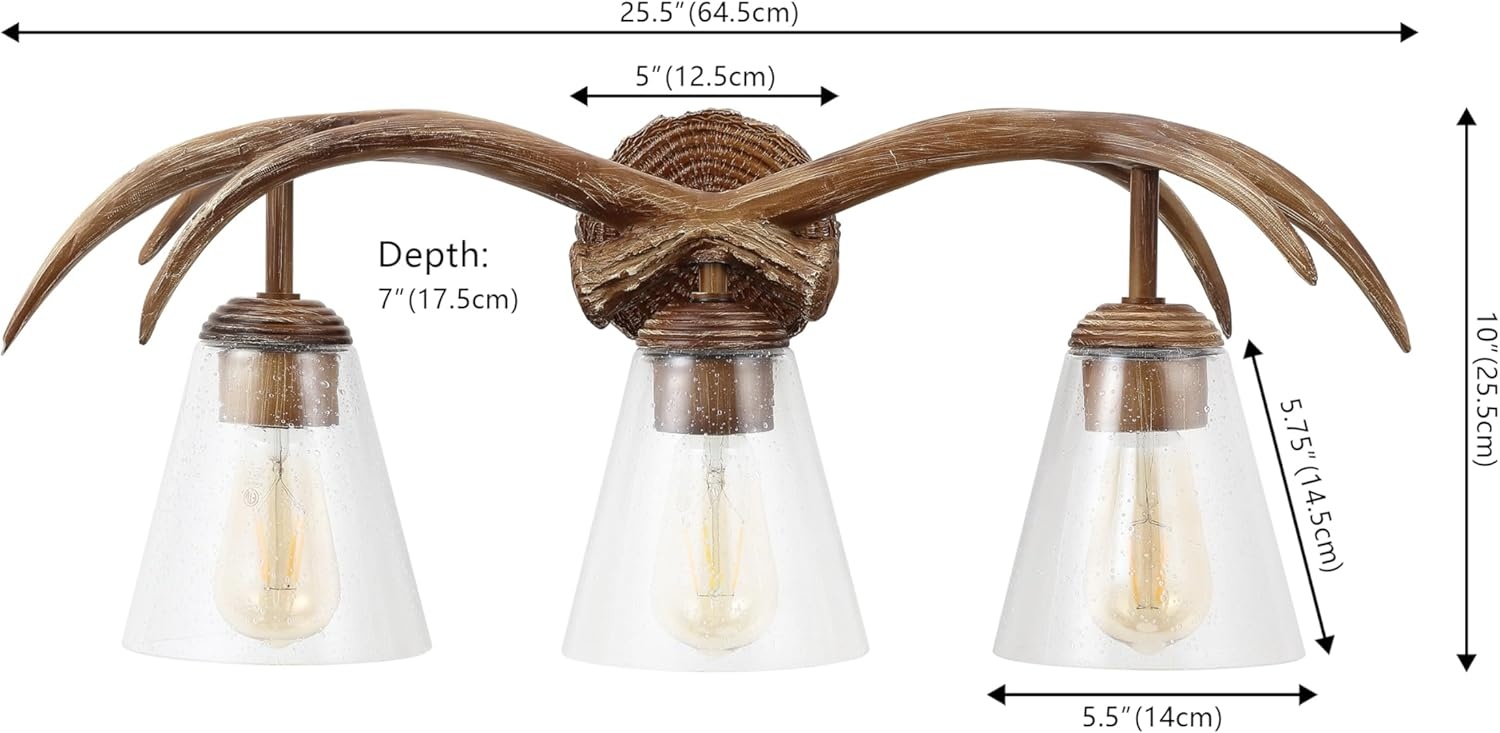 image:imageJONATHAN Y 325 Brown Wood Finish 4Light Resin Antlers Vanity Light Wall Sconce Rustic Farmhouse for Living Room Bathroom with Clear Seeded Glass Shades LED Bulbs Included JYL6315ABrown Wood Finish