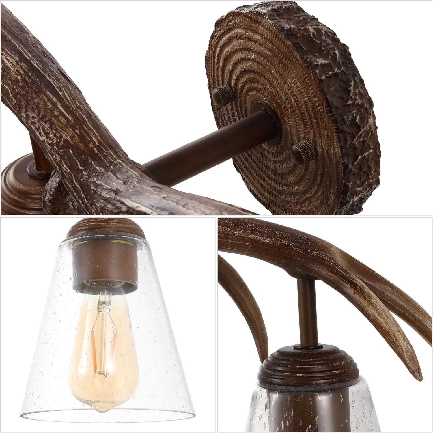 image:imageJONATHAN Y 325 Brown Wood Finish 4Light Resin Antlers Vanity Light Wall Sconce Rustic Farmhouse for Living Room Bathroom with Clear Seeded Glass Shades LED Bulbs Included JYL6315ABrown Wood Finish