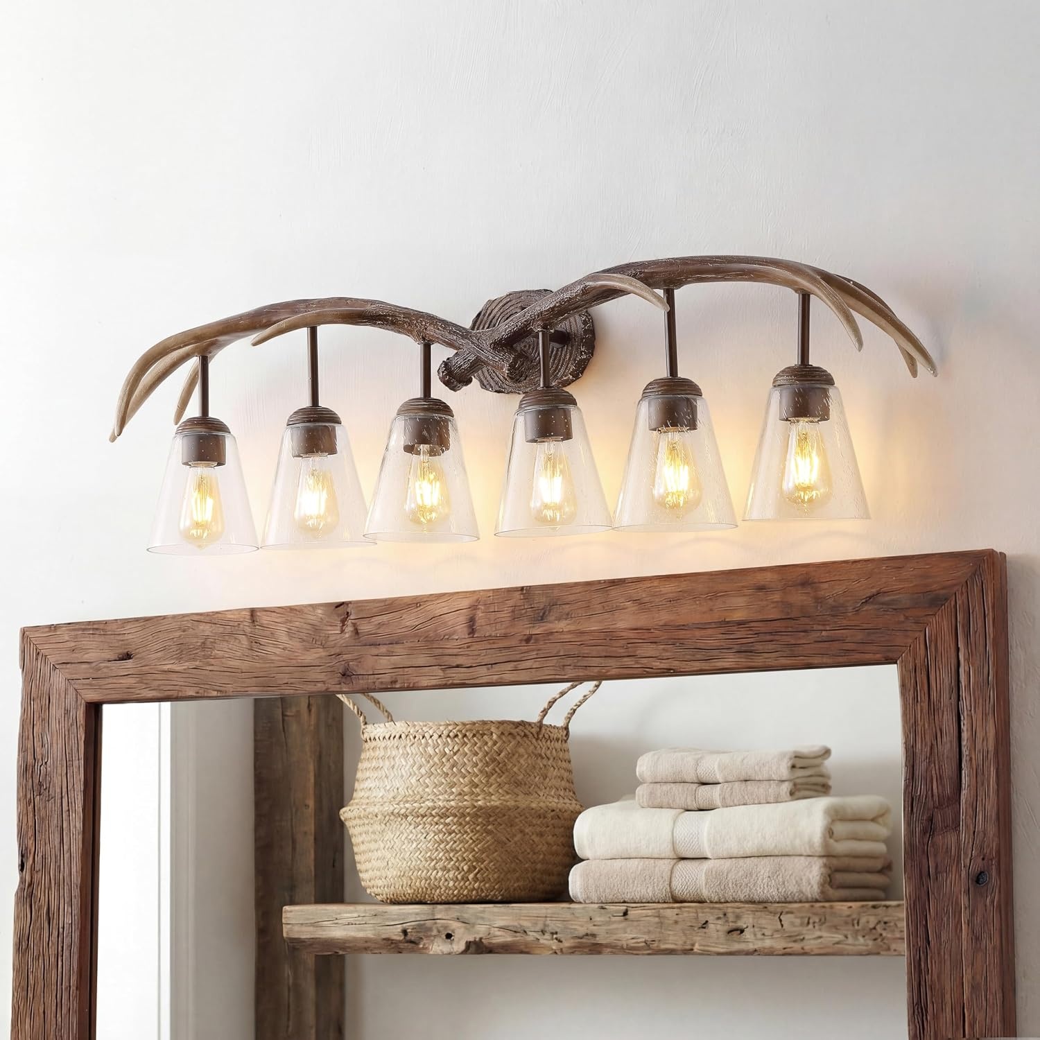 image:imageJONATHAN Y 325 Brown Wood Finish 4Light Resin Antlers Vanity Light Wall Sconce Rustic Farmhouse for Living Room Bathroom with Clear Seeded Glass Shades LED Bulbs Included JYL6315ABrown Wood Finish