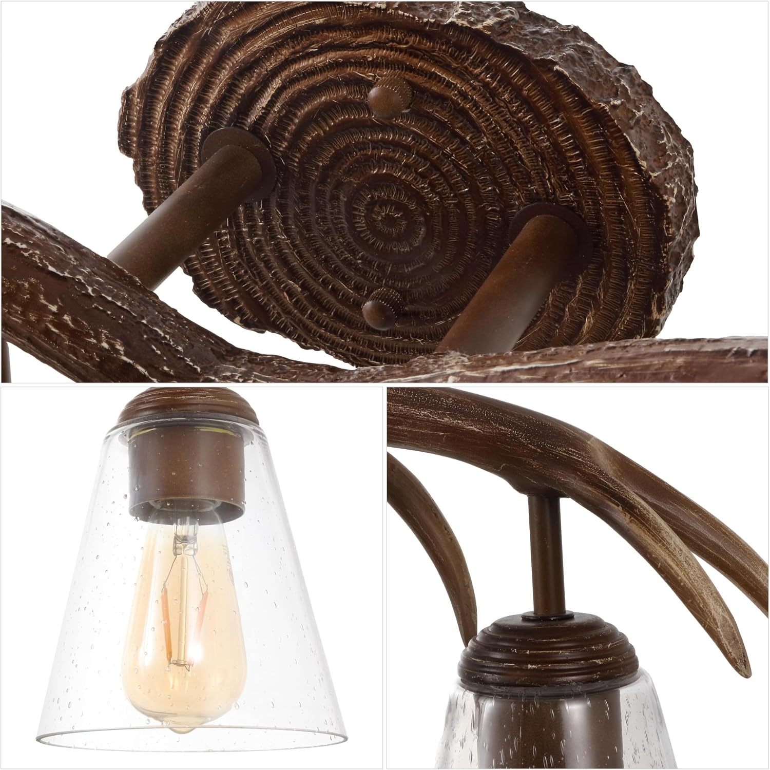 image:imageJONATHAN Y 325 Brown Wood Finish 4Light Resin Antlers Vanity Light Wall Sconce Rustic Farmhouse for Living Room Bathroom with Clear Seeded Glass Shades LED Bulbs Included JYL6315ABrown Wood Finish