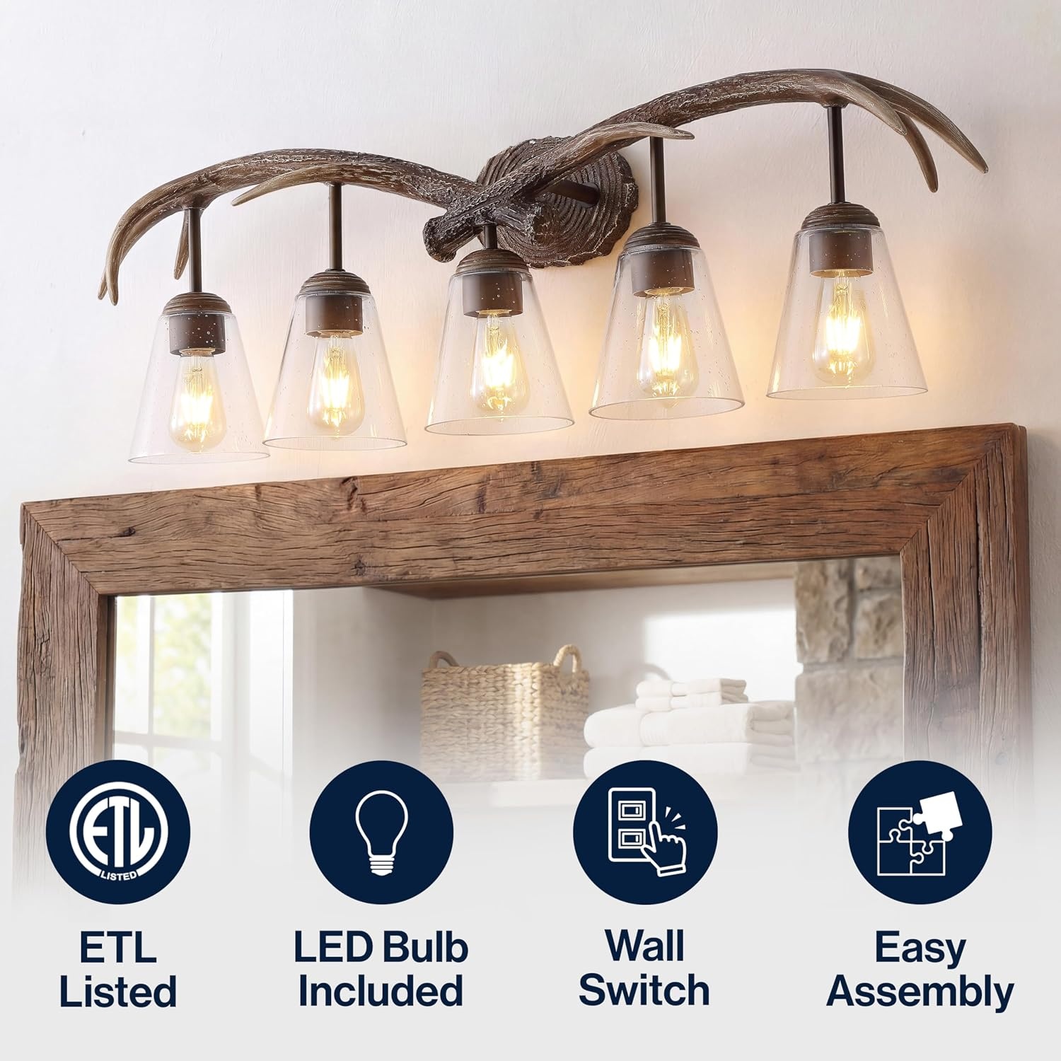 image:imageJONATHAN Y 325 Brown Wood Finish 4Light Resin Antlers Vanity Light Wall Sconce Rustic Farmhouse for Living Room Bathroom with Clear Seeded Glass Shades LED Bulbs Included JYL6315ABrown Wood Finish
