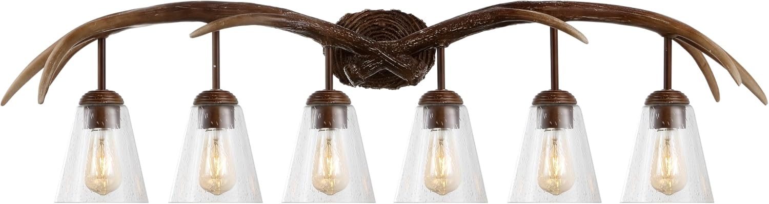 image:imageJONATHAN Y 325 Brown Wood Finish 4Light Resin Antlers Vanity Light Wall Sconce Rustic Farmhouse for Living Room Bathroom with Clear Seeded Glass Shades LED Bulbs Included JYL6315ABrown Wood Finish