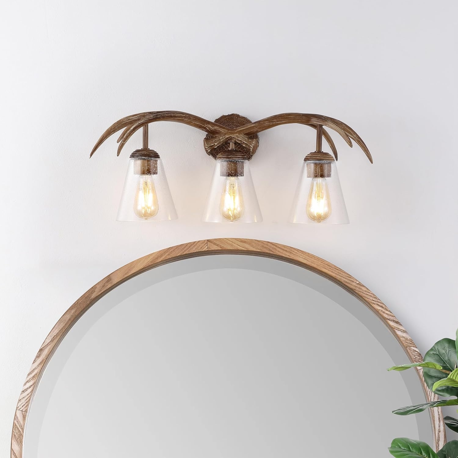 image:imageJONATHAN Y 325 Brown Wood Finish 4Light Resin Antlers Vanity Light Wall Sconce Rustic Farmhouse for Living Room Bathroom with Clear Seeded Glass Shades LED Bulbs Included JYL6315ABrown Wood Finish