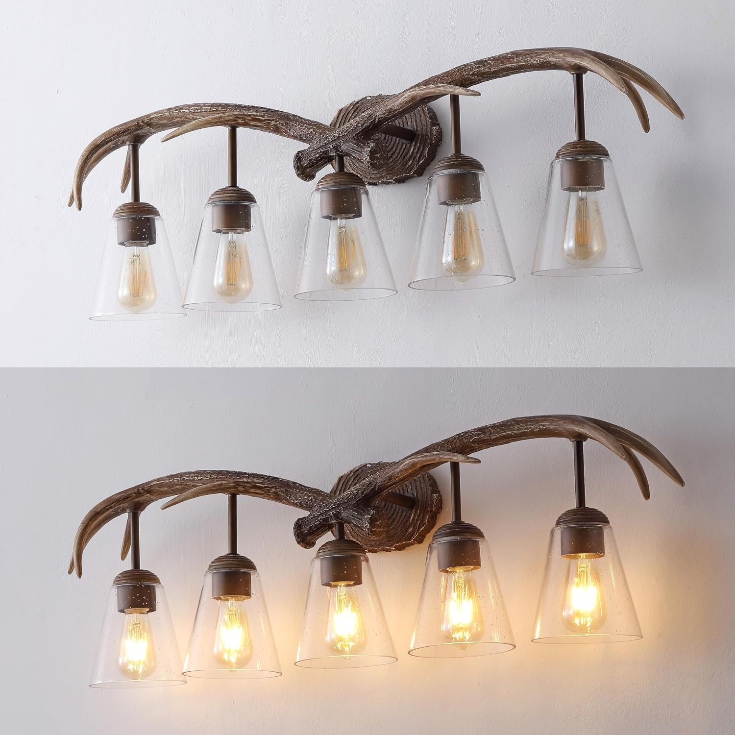 image:imageJONATHAN Y 325 Brown Wood Finish 4Light Resin Antlers Vanity Light Wall Sconce Rustic Farmhouse for Living Room Bathroom with Clear Seeded Glass Shades LED Bulbs Included JYL6315ABrown Wood Finish
