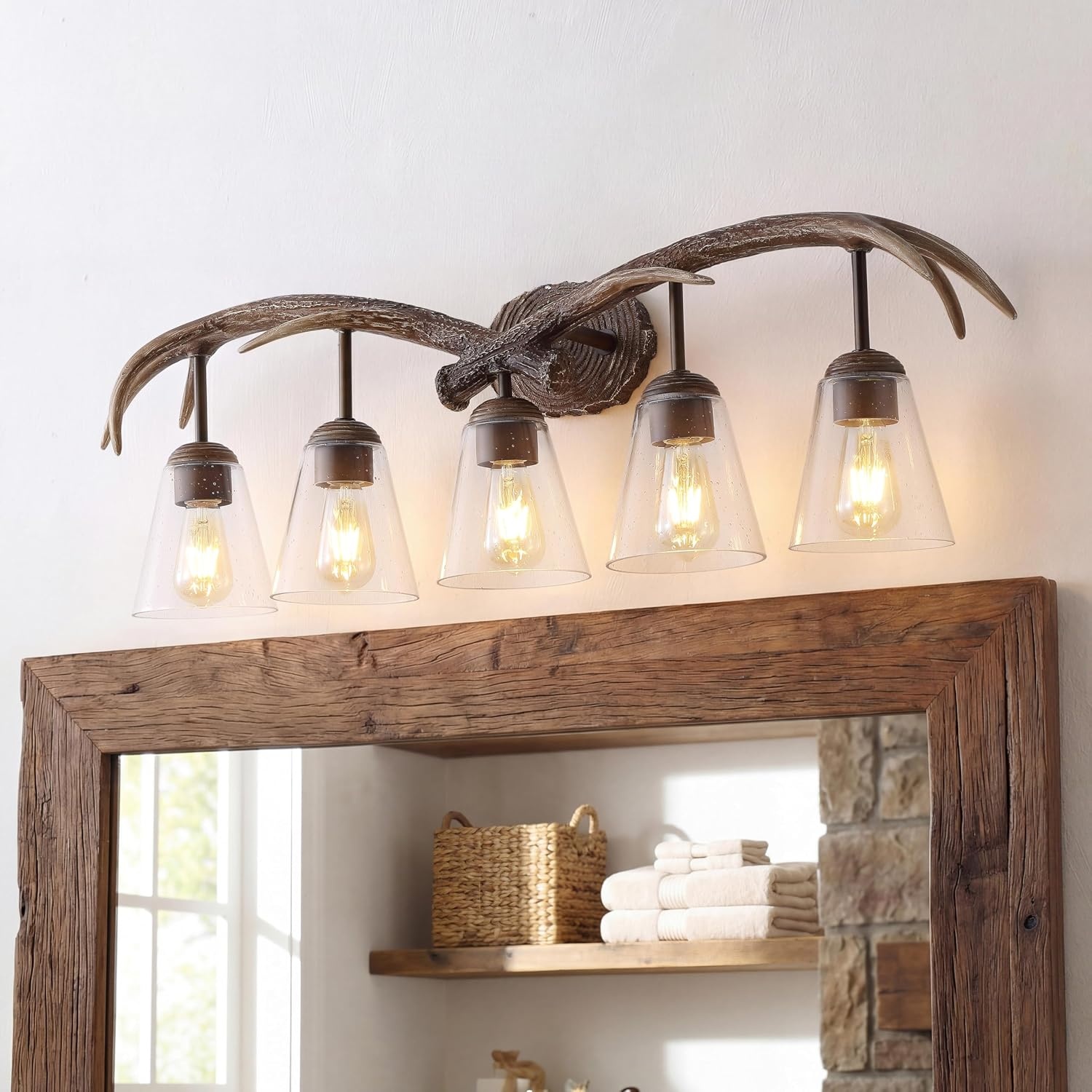 image:imageJONATHAN Y 325 Brown Wood Finish 4Light Resin Antlers Vanity Light Wall Sconce Rustic Farmhouse for Living Room Bathroom with Clear Seeded Glass Shades LED Bulbs Included JYL6315ABrown Wood Finish