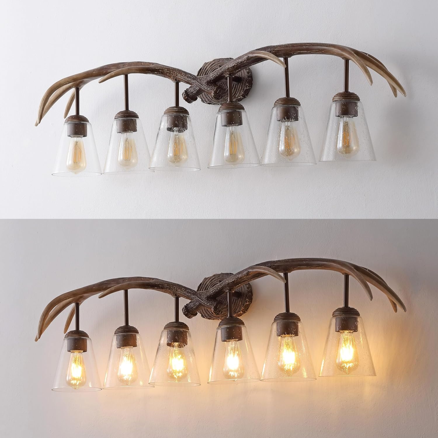 image:imageJONATHAN Y 325 Brown Wood Finish 4Light Resin Antlers Vanity Light Wall Sconce Rustic Farmhouse for Living Room Bathroom with Clear Seeded Glass Shades LED Bulbs Included JYL6315ABrown Wood Finish