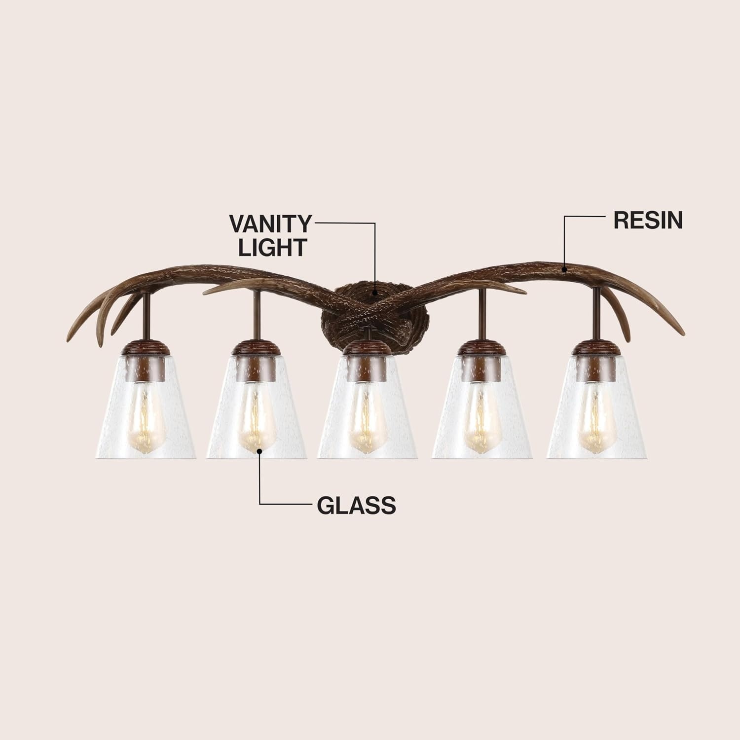 image:imageJONATHAN Y 325 Brown Wood Finish 4Light Resin Antlers Vanity Light Wall Sconce Rustic Farmhouse for Living Room Bathroom with Clear Seeded Glass Shades LED Bulbs Included JYL6315ABrown Wood Finish