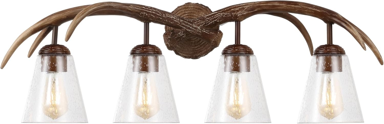 image:imageJONATHAN Y 325 Brown Wood Finish 4Light Resin Antlers Vanity Light Wall Sconce Rustic Farmhouse for Living Room Bathroom with Clear Seeded Glass Shades LED Bulbs Included JYL6315ABrown Wood Finish