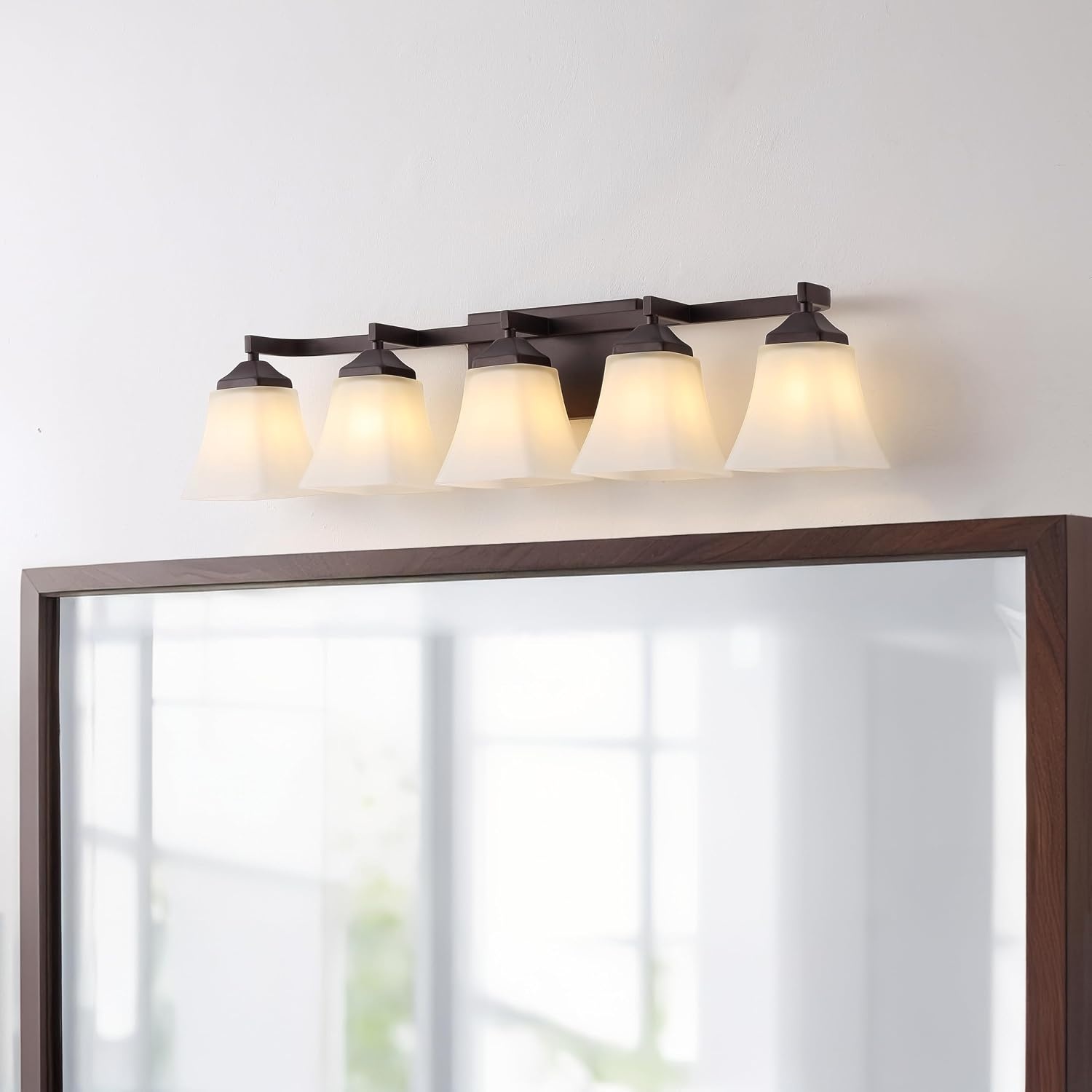 image:imageJONATHAN Y 395 Oil Rubbed Bronze White 6Light Metal Glass Rectangular Vanity Light Wall Sconce Traditional Transitional for Bathroom with Frosted Glass Shade Damp Rated LED Bulbs Included JYL7623AOilRubbed Bronze