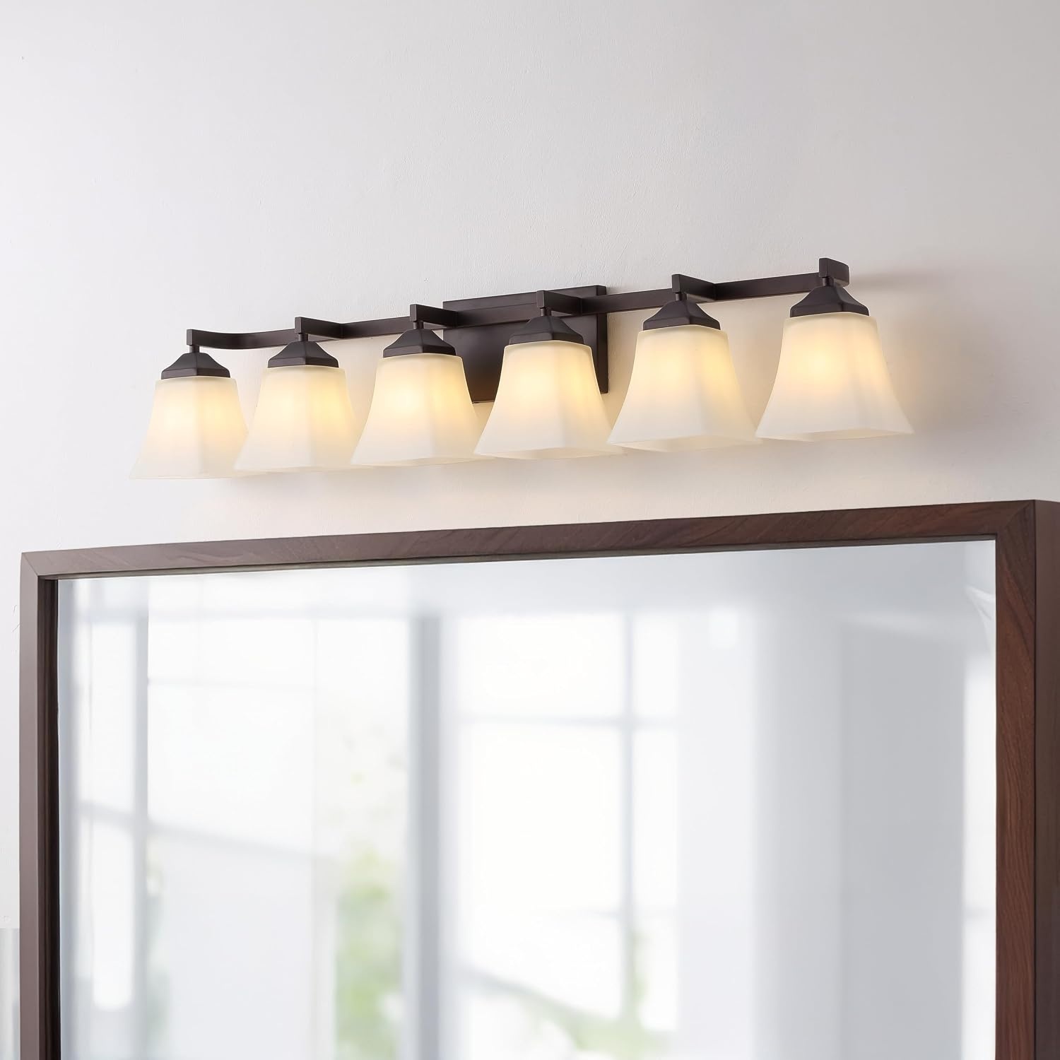 image:imageJONATHAN Y 395 Oil Rubbed Bronze White 6Light Metal Glass Rectangular Vanity Light Wall Sconce Traditional Transitional for Bathroom with Frosted Glass Shade Damp Rated LED Bulbs Included JYL7623AOilRubbed Bronze