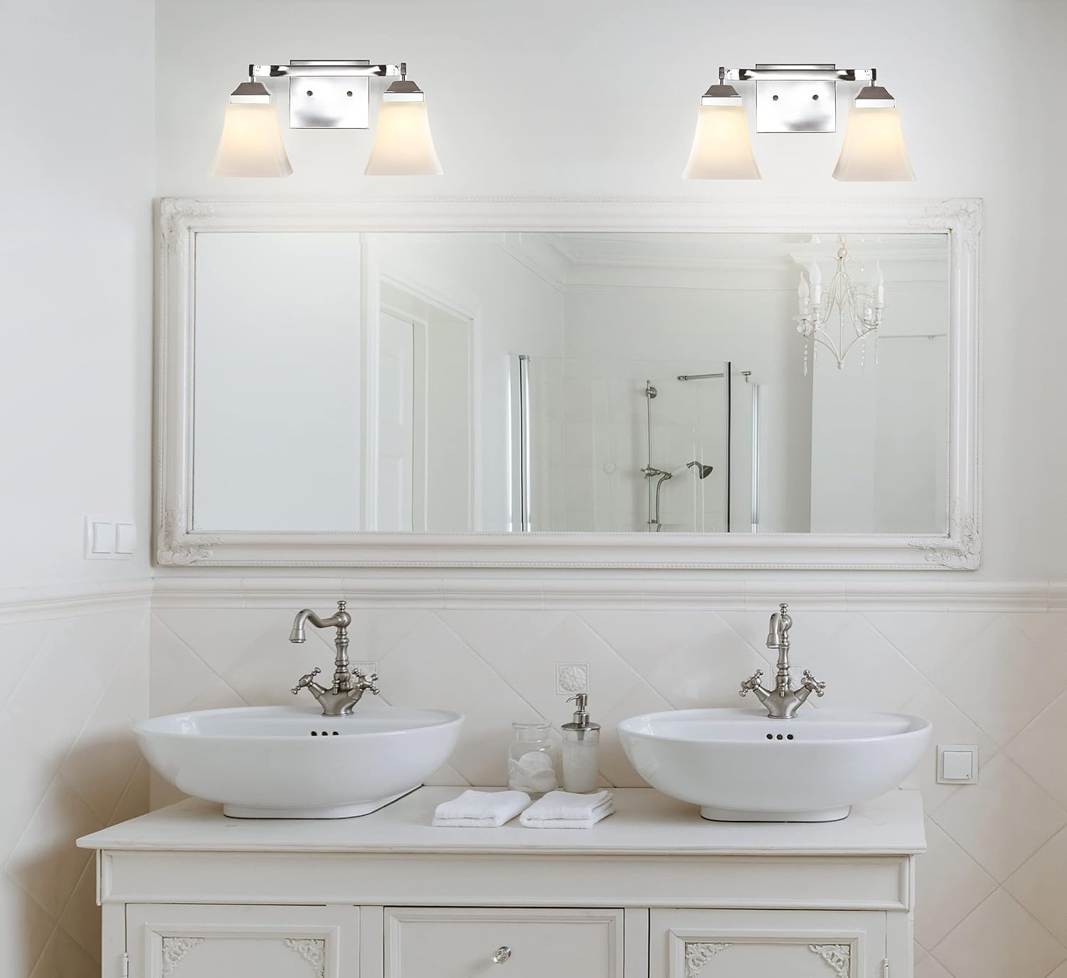 image:imageJONATHAN Y 395 Oil Rubbed Bronze White 6Light Metal Glass Rectangular Vanity Light Wall Sconce Traditional Transitional for Bathroom with Frosted Glass Shade Damp Rated LED Bulbs Included JYL7623AChrome