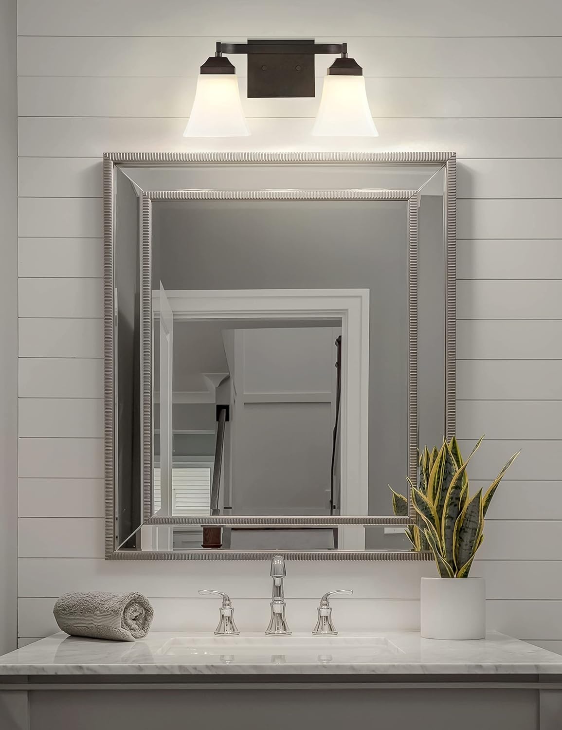 image:imageJONATHAN Y 395 Oil Rubbed Bronze White 6Light Metal Glass Rectangular Vanity Light Wall Sconce Traditional Transitional for Bathroom with Frosted Glass Shade Damp Rated LED Bulbs Included JYL7623AOilRubbed Bronze