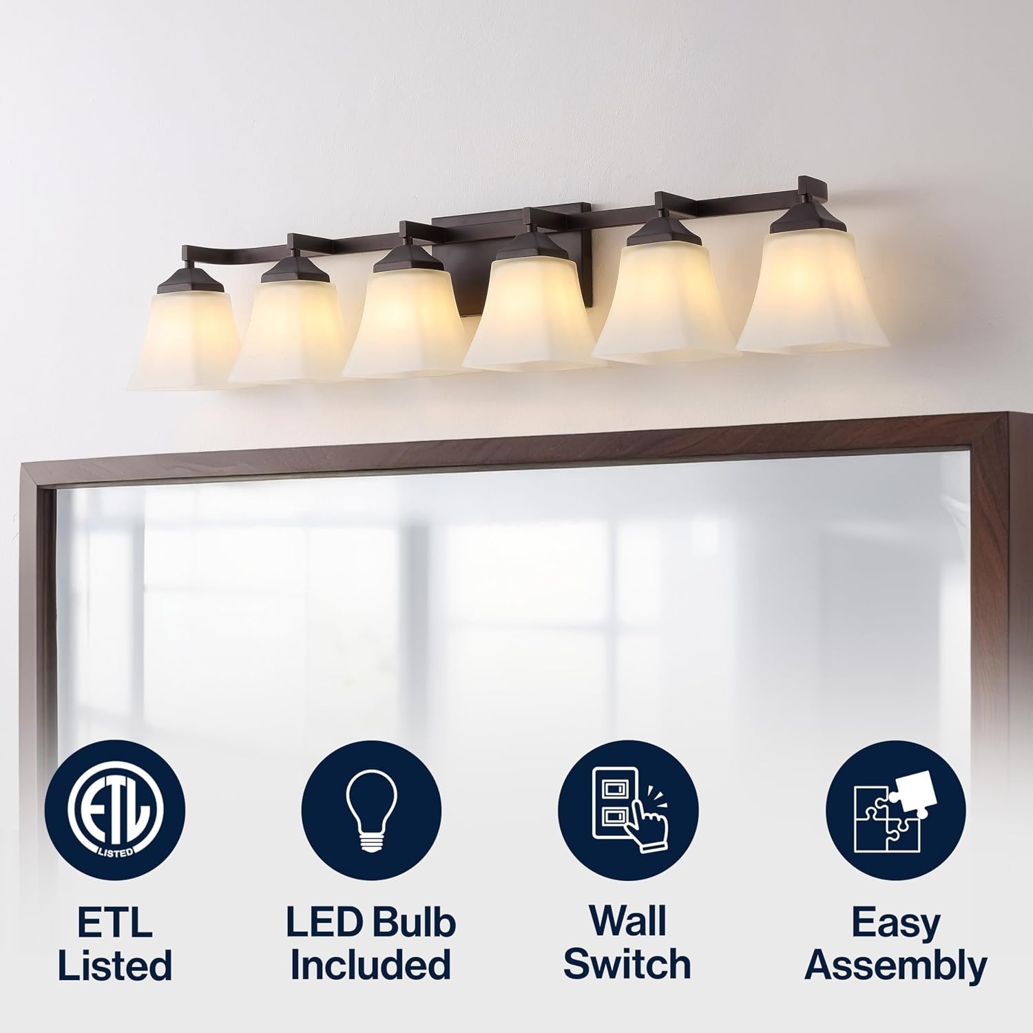 image:imageJONATHAN Y 395 Oil Rubbed Bronze White 6Light Metal Glass Rectangular Vanity Light Wall Sconce Traditional Transitional for Bathroom with Frosted Glass Shade Damp Rated LED Bulbs Included JYL7623AOilRubbed Bronze